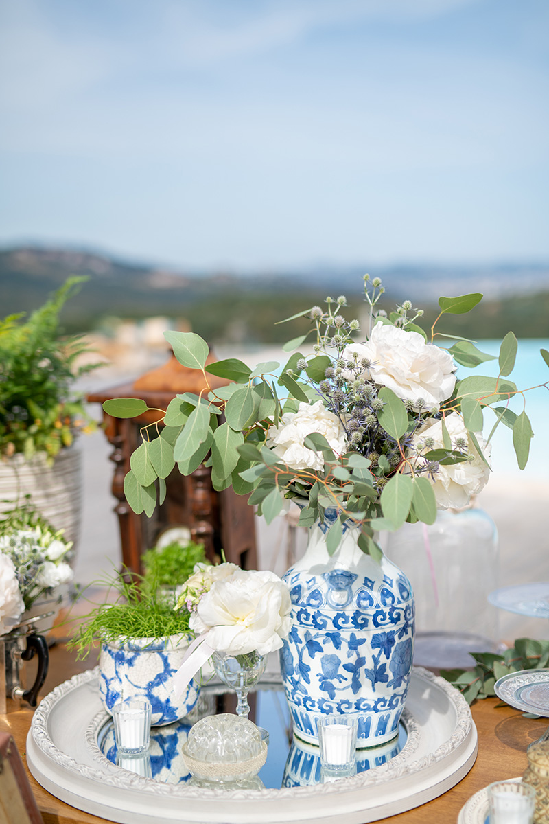 decoration-compositions-fleurs-végétation-vase-bleu